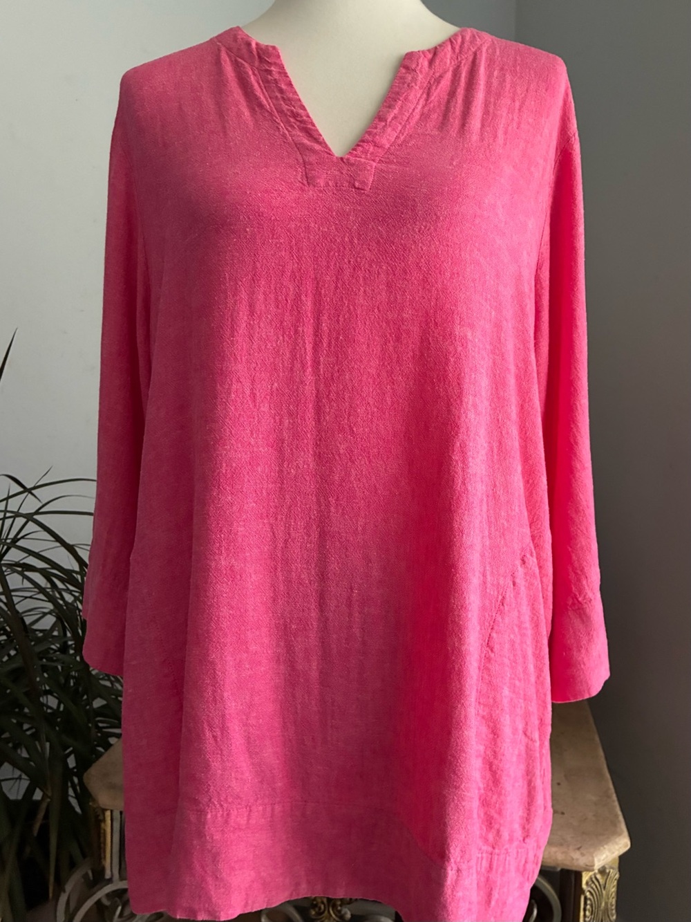 Lands' End Women's Bright Pink V-Neck Tunic with Pockets Size XL Linen Blend